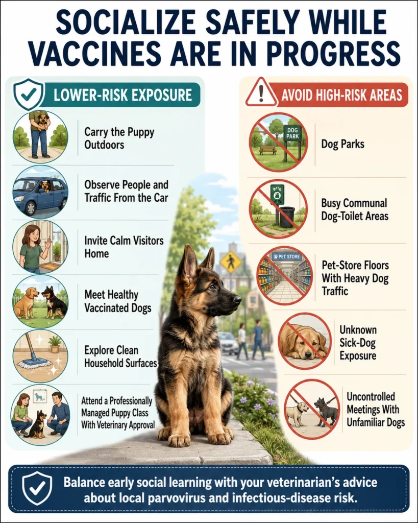 German Shepherd Puppy Vaccination Schedule: Core Shots by Age Safer socialization options and high-risk locations to avoid while a German Shepherd puppy completes its vaccines.