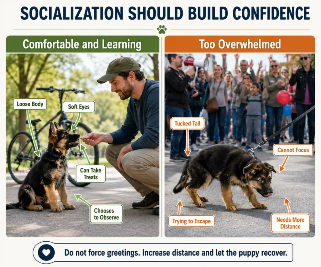 How to Take Care of a German Shepherd Puppy: 12 Essential Steps German Shepherd puppy body language showing comfortable socialization compared with overwhelming exposure.