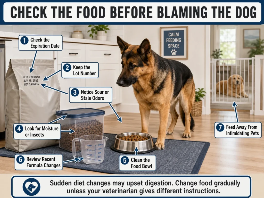 Why Is My German Shepherd Not Eating? Causes, Warning Signs, and What to Do Dog food bag, clean bowl, storage conditions, and feeding environment checks when a German Shepherd refuses food.