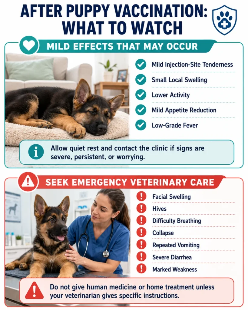 German Shepherd Puppy Vaccination Schedule: Core Shots by Age Mild post-vaccination effects and emergency allergic-reaction signs in a German Shepherd puppy.