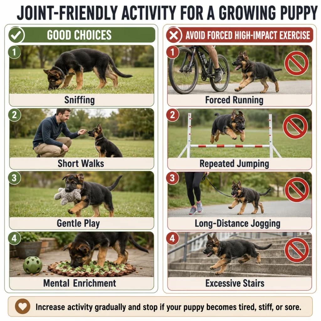 How to Take Care of a German Shepherd Puppy: 12 Essential Steps Safe exercise choices and high-impact activities to avoid for a growing German Shepherd puppy.