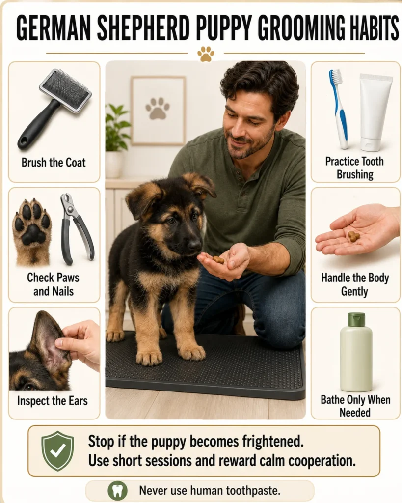 How to Take Care of a German Shepherd Puppy: 12 Essential Steps German Shepherd puppy grooming checklist for brushing, nails, ears, teeth, handling, and bathing.