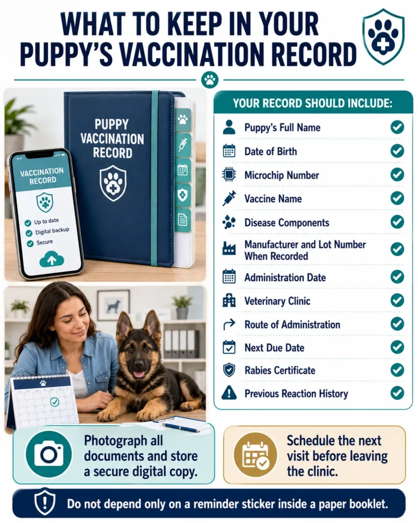 German Shepherd Puppy Vaccination Schedule: Core Shots by Age Information to keep in a German Shepherd puppy vaccination record, including vaccine dates, due dates, and microchip details.