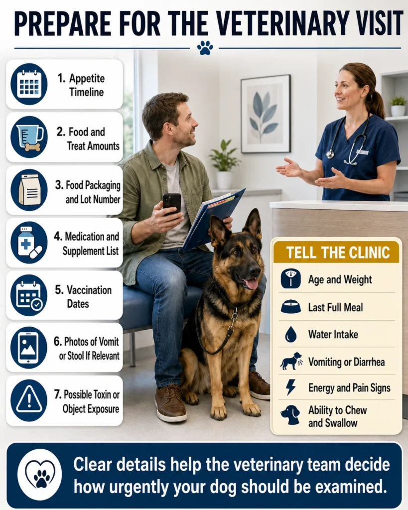 Why Is My German Shepherd Not Eating? Causes, Warning Signs, and What to Do Information to prepare for a veterinary visit when a German Shepherd has stopped eating.