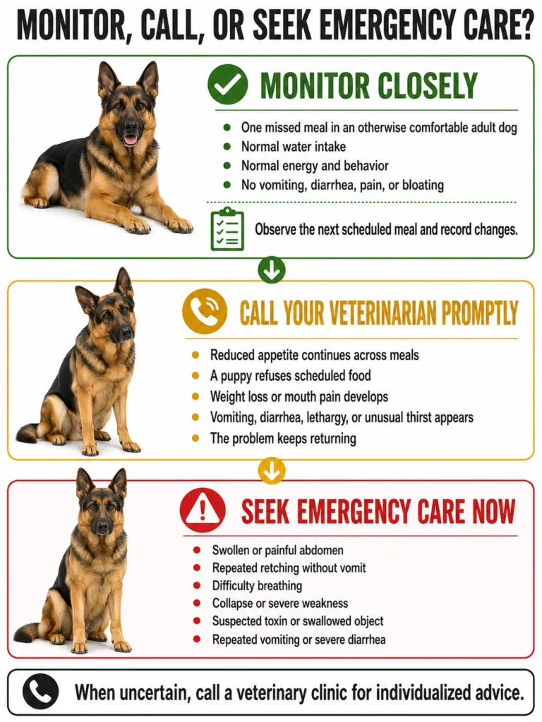 Why Is My German Shepherd Not Eating? Causes, Warning Signs, and What to Do Decision guide showing when to monitor a German Shepherd that is not eating, call a veterinarian, or seek emergency care.