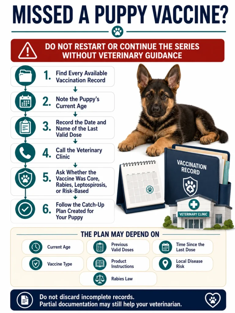 German Shepherd Puppy Vaccination Schedule: Core Shots by Age Steps to take after missing a German Shepherd puppy vaccine appointment or losing part of the vaccine schedule.