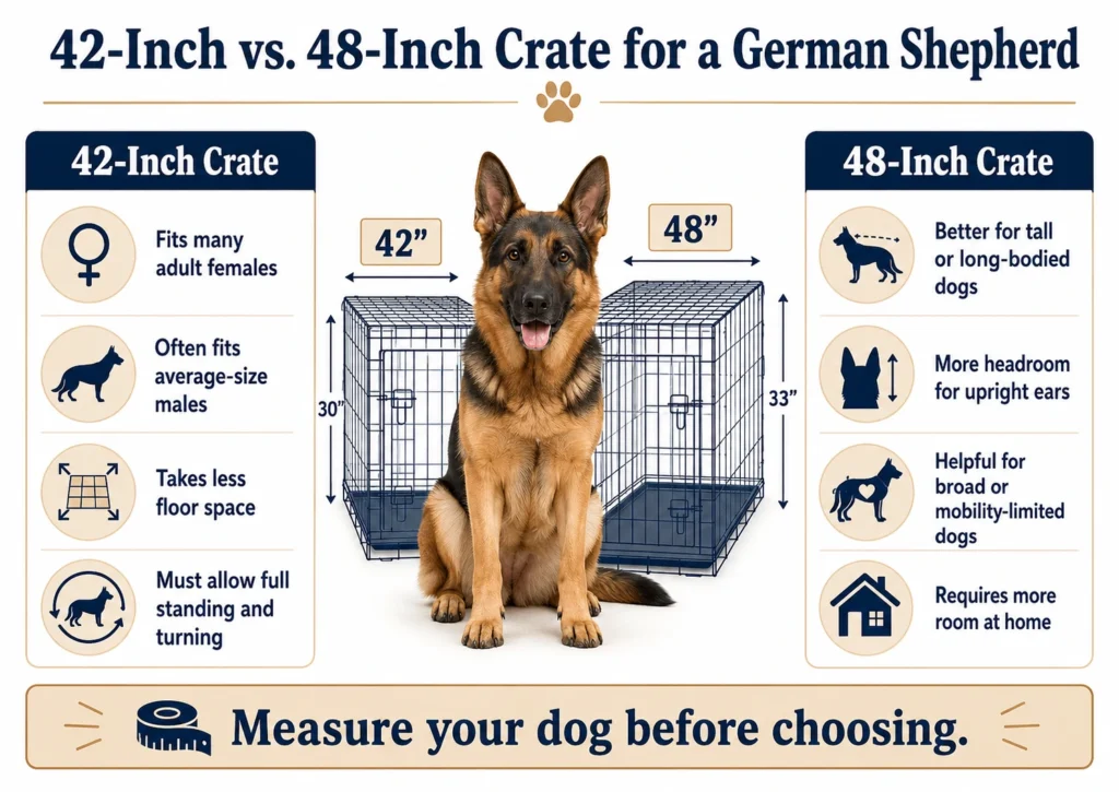 What Size Crate for German Shepherd? Puppy and Adult Sizing Guide what size crate for german shepherd Infographic comparing 42-inch and 48-inch crate options for adult German Shepherds