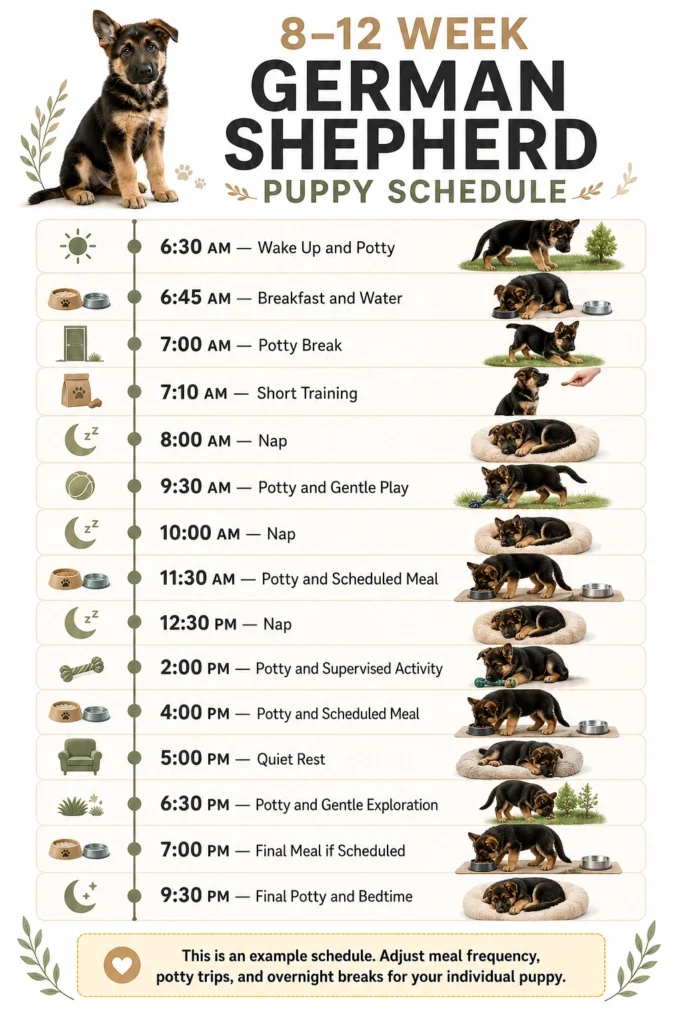 German Shepherd Puppy Daily Routine: A Realistic Schedule by Age Example daily schedule for an 8-to-12-week-old German Shepherd puppy with meals, potty breaks, training, play, and naps.