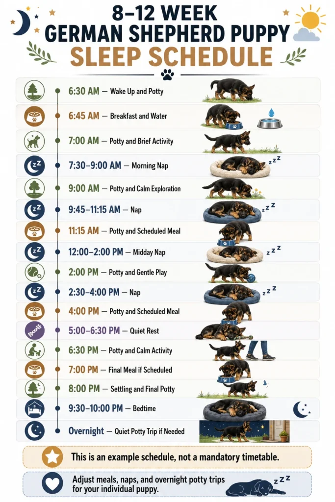 German Shepherd Puppy Sleep Schedule: Naps and Bedtime by Age Example sleep schedule for an 8-to-12-week-old German Shepherd puppy with naps, meals, potty breaks, and bedtime.