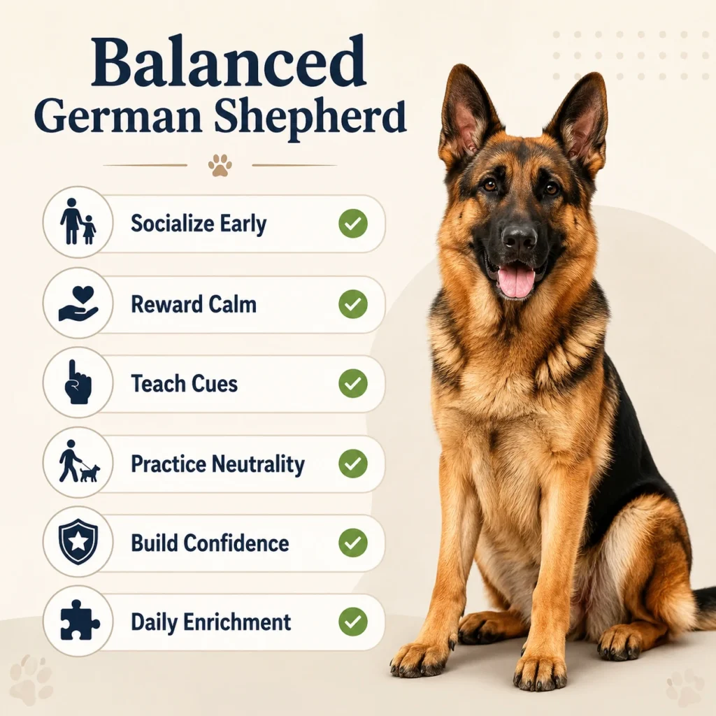 German Shepherd Temperament: Are They Aggressive or Naturally Protective? Balanced German Shepherd checklist with socialization training calm behavior confidence and enrichment