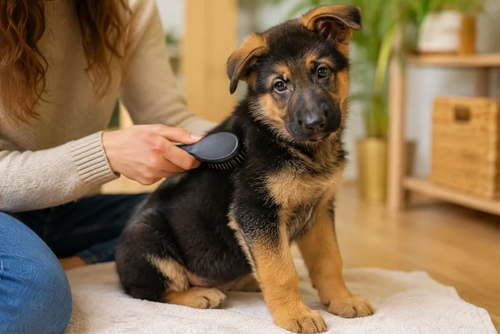 German Shepherd Puppy Grooming Guide: Bathing, Brushing, Nails, Ears, and Coat Care Owner gently brushing a German Shepherd puppy