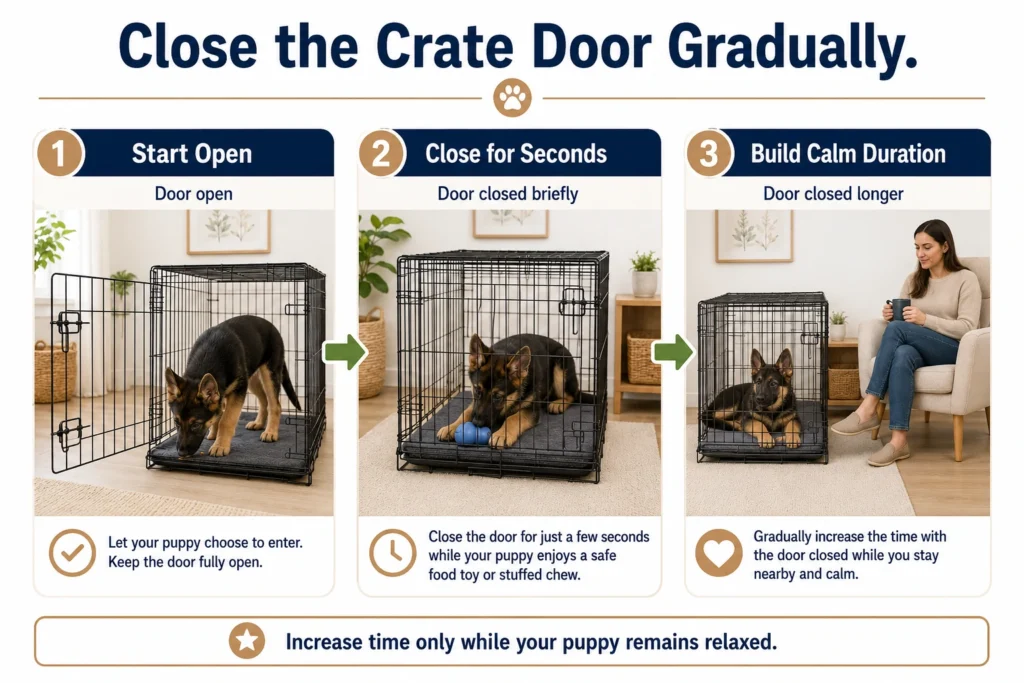 Three-stage graphic showing gradual crate-door closing for a calm German Shepherd puppy.