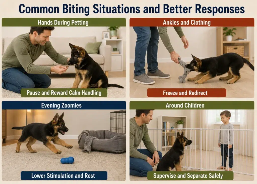 How to Stop a German Shepherd Puppy from Biting and Nipping Safe responses to German Shepherd puppy biting hands, ankles, clothing, and children.