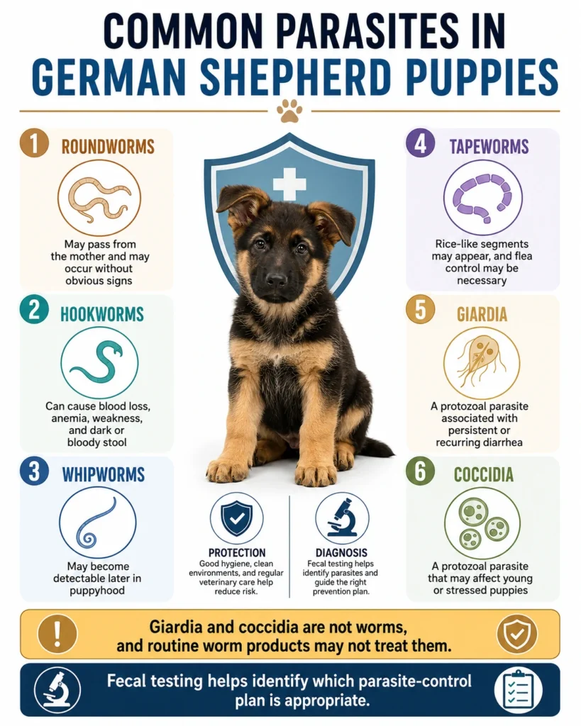 German Shepherd Puppy Deworming Schedule: A Vet-Guided Timeline Common German Shepherd puppy parasites including roundworms, hookworms, whipworms, tapeworms, Giardia, and coccidia.