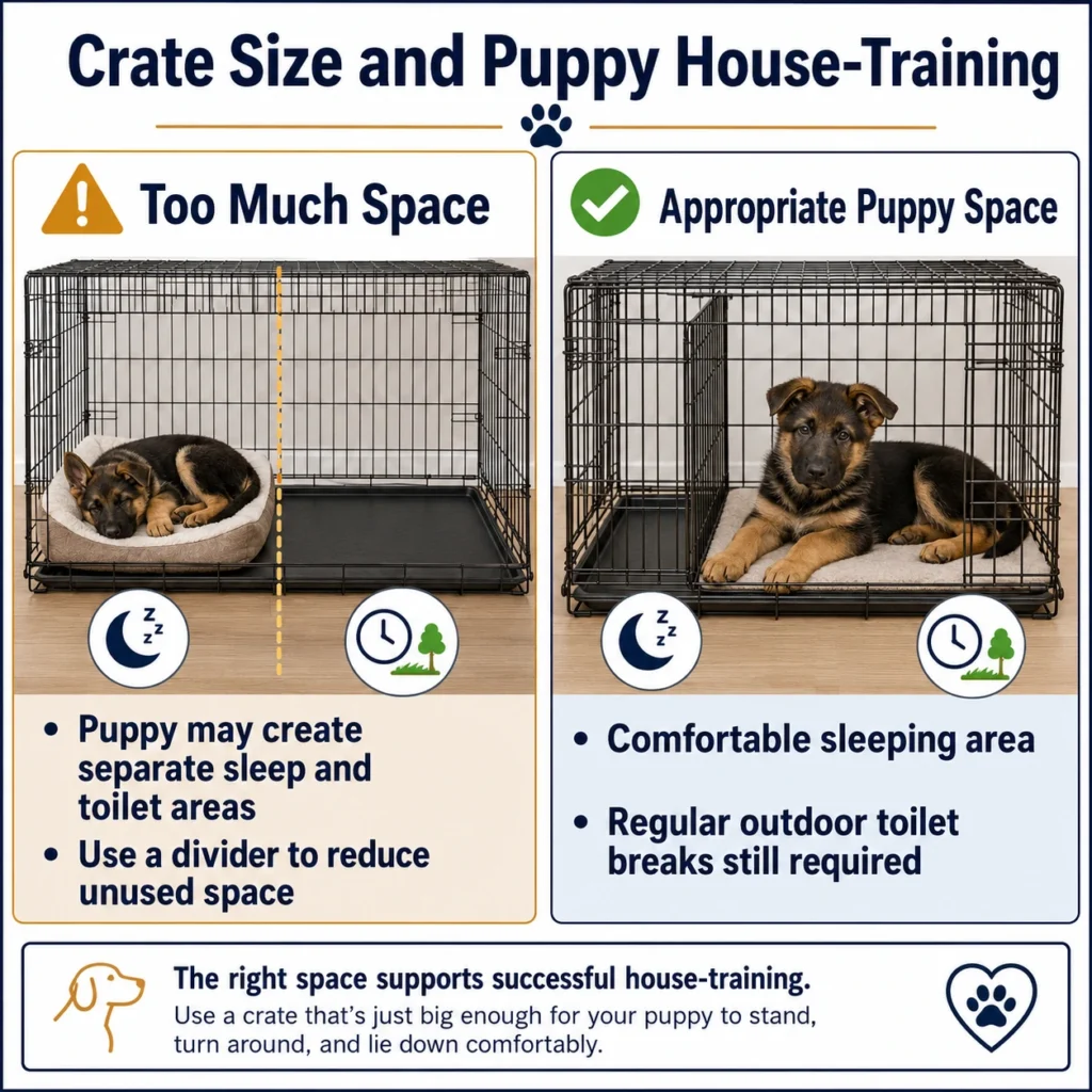 What Size Crate for German Shepherd? Puppy and Adult Sizing Guide Infographic showing how a divider creates suitable crate space during German Shepherd puppy house-training.