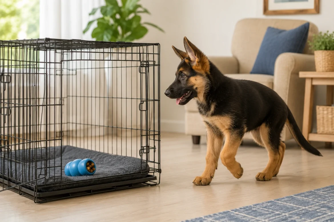 crate training German Shepherd puppy German Shepherd puppy calmly approaching an open wire crate during positive crate training.