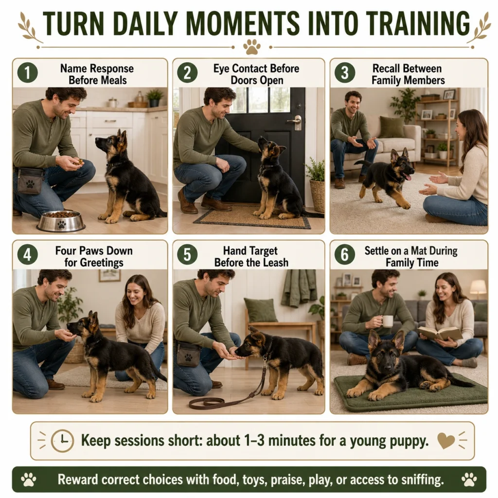 German Shepherd Puppy Daily Routine: A Realistic Schedule by Age Short German Shepherd puppy training exercises added naturally throughout the daily routine.