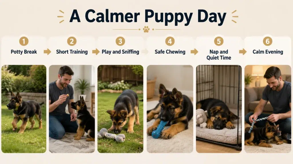How to Stop a German Shepherd Puppy from Biting and Nipping Balanced German Shepherd puppy routine with potty breaks, training, play, chewing, naps, and calm evening time.