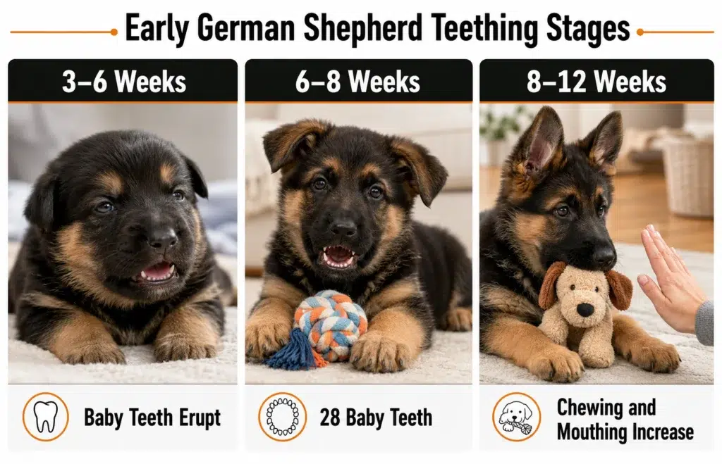 German Shepherd Puppy Teething Stages: Complete Timeline and Care Guide Early German Shepherd puppy teething stages from baby-tooth eruption to increased mouthing at twelve weeks.