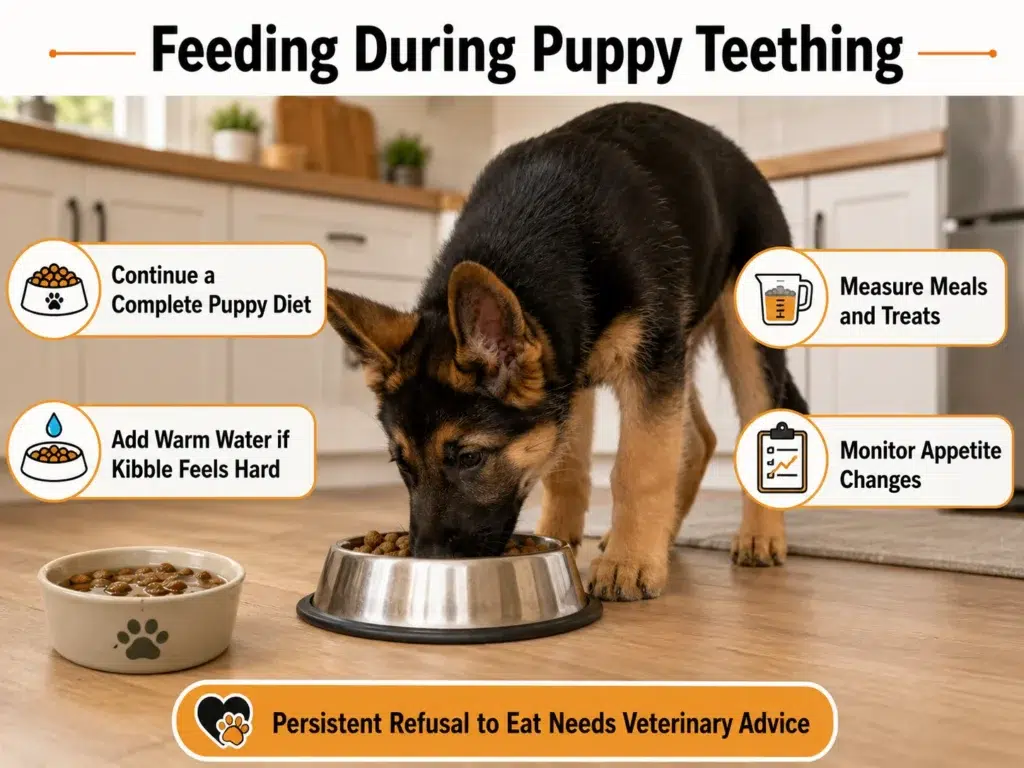 German Shepherd Puppy Teething Stages: Complete Timeline and Care Guide Feeding guidance for a German Shepherd puppy experiencing normal teething tenderness.