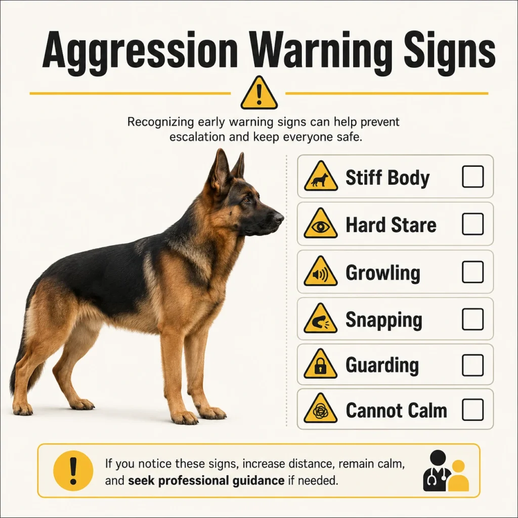 German Shepherd Temperament: Are They Aggressive or Naturally Protective? German Shepherd aggression warning signs checklist with stiff body hard stare growling snapping and guarding