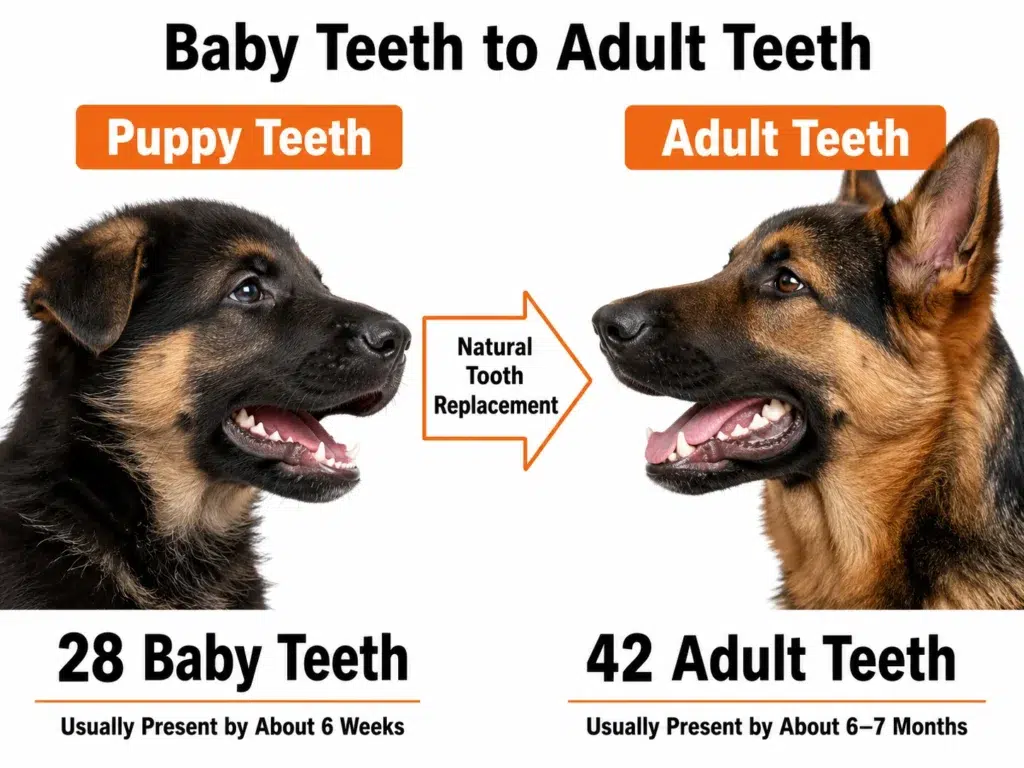 German Shepherd Puppy Teething Stages: Complete Timeline and Care Guide Comparison of 28 German Shepherd puppy baby teeth and 42 adult permanent teeth.