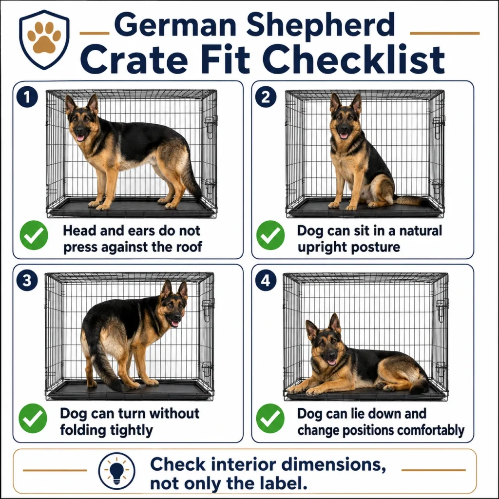 What Size Crate for German Shepherd? Puppy and Adult Sizing Guide German Shepherd crate-fit checklist showing standing, sitting, turning, and lying positions.