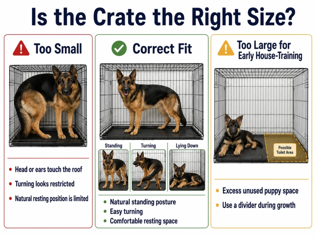 What Size Crate for German Shepherd? Puppy and Adult Sizing Guide Infographic comparing a crate that is too small, correctly sized, and too large for a German Shepherd puppy.
