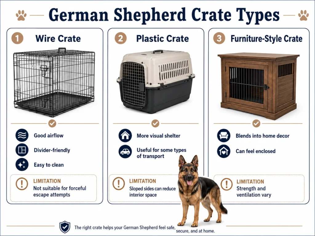 What Size Crate for German Shepherd? Puppy and Adult Sizing Guide Comparison of wire, plastic, and furniture-style crates for a German Shepherd.
