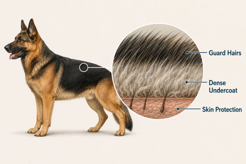 Can You Shave a German Shepherd? What Owners Should Know Before Using Clippers Diagram of German Shepherd double coat with guard hairs and undercoat