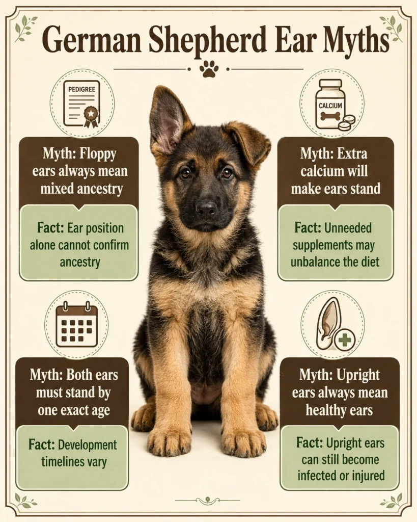 When Do German Shepherds Ears Stand Up? Complete Puppy Ear Guide German Shepherd puppy ear myths and facts infographic