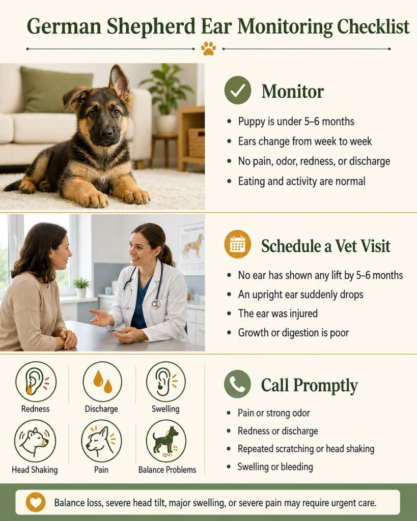 When Do German Shepherds Ears Stand Up? Complete Puppy Ear Guide Checklist showing when to monitor German Shepherd puppy ears and when to call a veterinarian