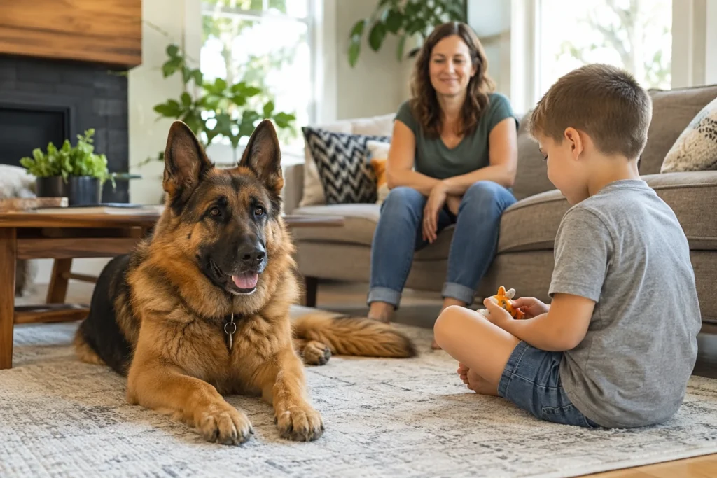 German Shepherd Temperament: Are They Aggressive or Naturally Protective? German Shepherd calmly sitting with a supervised family and child in a safe home setting