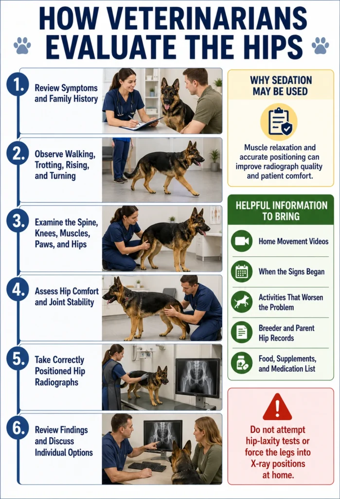 German Shepherd Hip Dysplasia: Signs, Diagnosis, and Treatment Veterinary diagnostic process for German Shepherd hip dysplasia, including gait observation, examination, and radiographs.