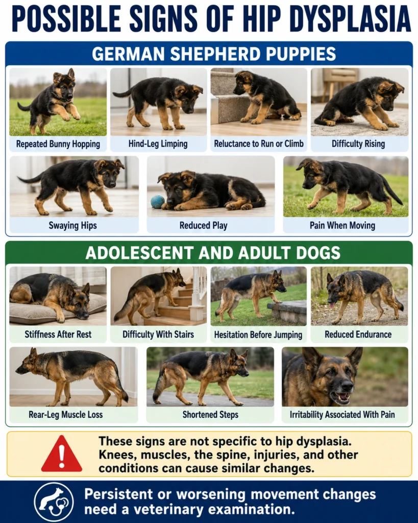 German Shepherd Hip Dysplasia: Signs, Diagnosis, and Treatment Possible hip dysplasia signs in German Shepherd puppies and adult dogs, including limping, stiffness, and difficulty rising.