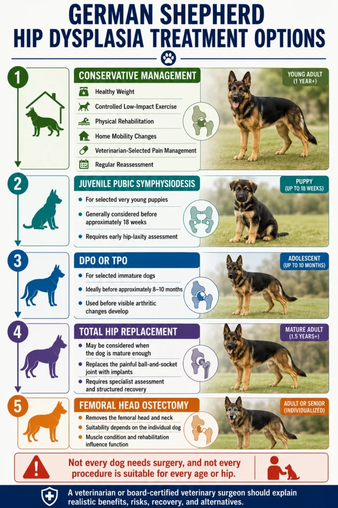 German Shepherd Hip Dysplasia: Signs, Diagnosis, and Treatment German Shepherd hip dysplasia treatment options, including rehabilitation, early joint-preserving surgery, and hip replacement.German Shepherd hip dysplasia treatment options, including rehabilitation, early joint-preserving surgery, and hip replacement.
