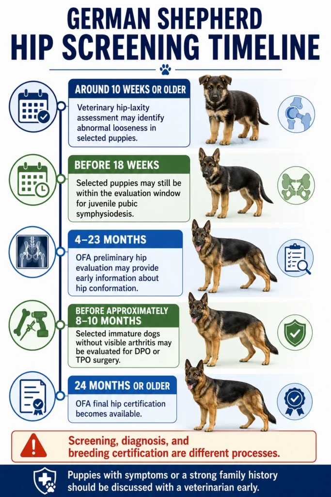 German Shepherd Hip Dysplasia: Signs, Diagnosis, and Treatment German Shepherd hip screening timeline covering early laxity assessment, OFA preliminary evaluation, and final certification.