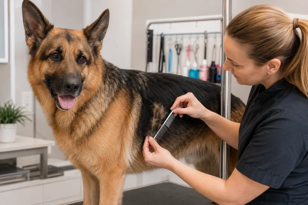 Can You Shave a German Shepherd? What Owners Should Know Before Using Clippers Professional groomer checking matted fur on a German Shepherd