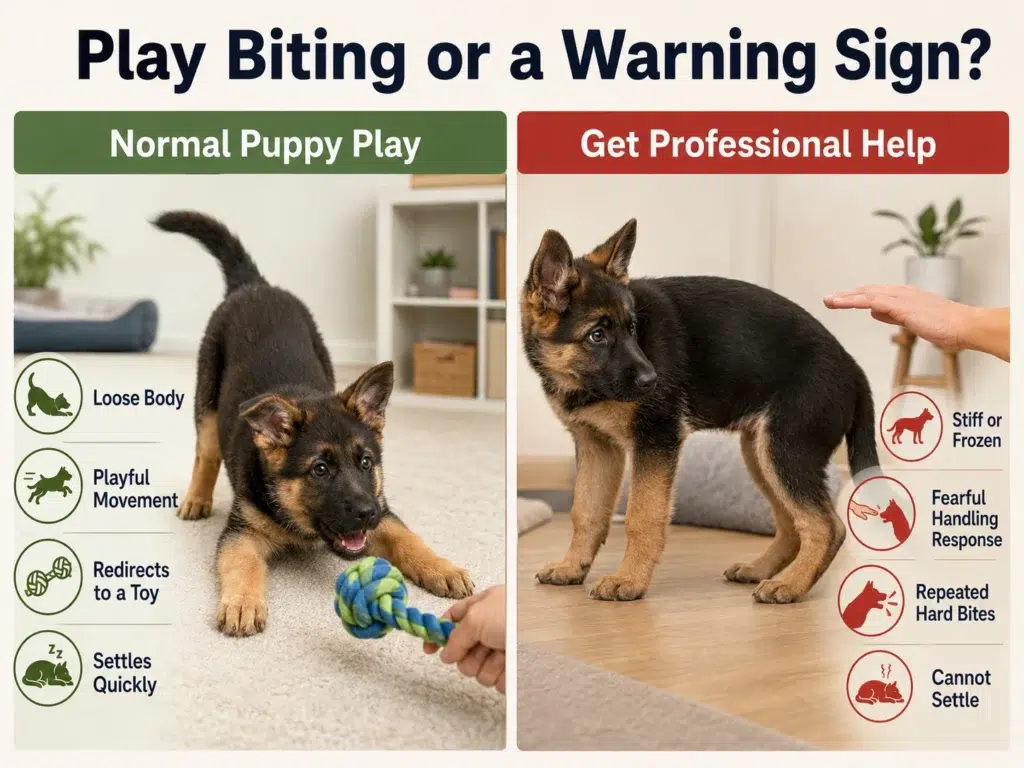 How to Stop a German Shepherd Puppy from Biting and Nipping Comparison of normal German Shepherd puppy play biting and biting behaviors that need professional help.