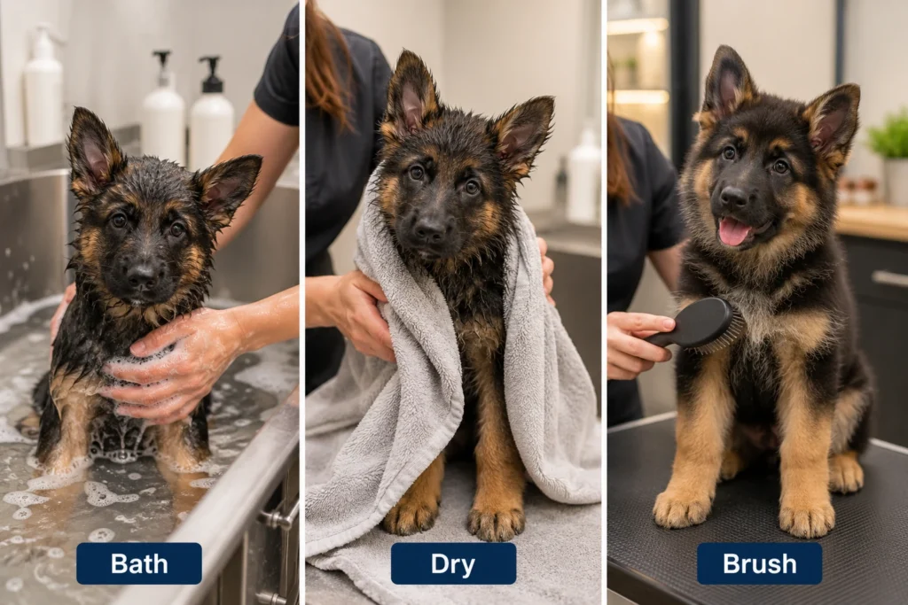 German Shepherd Puppy Grooming Guide: Bathing, Brushing, Nails, Ears, and Coat Care German Shepherd puppy bath dry and brush grooming process
