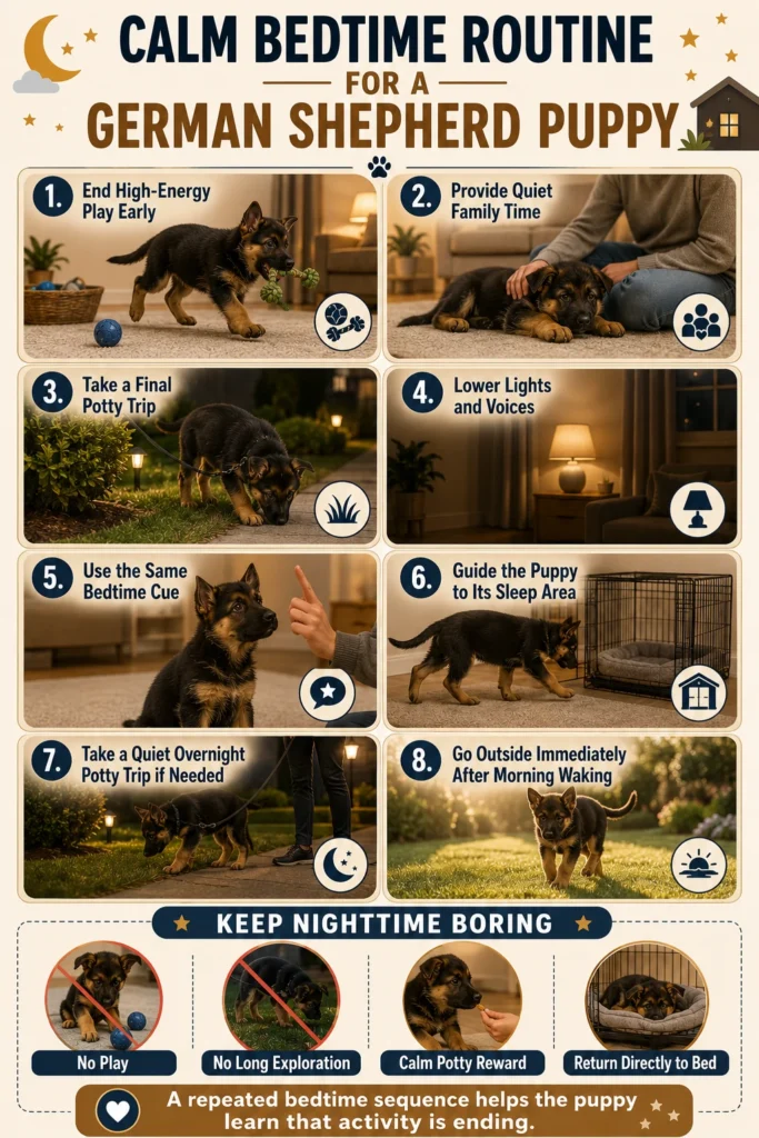 German Shepherd Puppy Sleep Schedule: Naps and Bedtime by Age Calm German Shepherd puppy bedtime routine with quiet family time, final potty, settling, and overnight care.