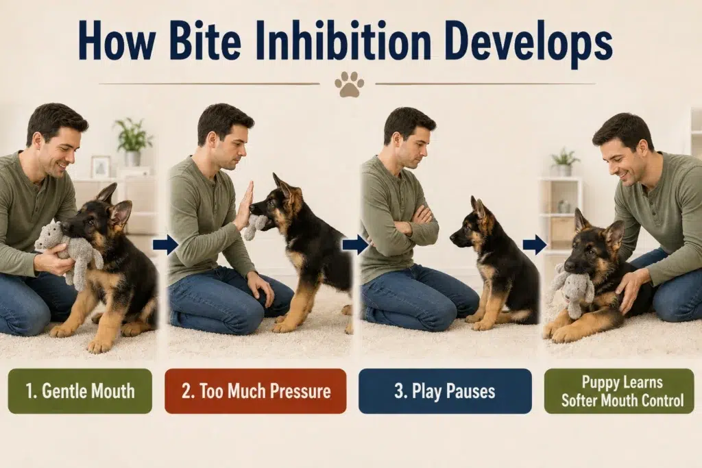 How to Stop a German Shepherd Puppy from Biting and Nipping Diagram explaining how a German Shepherd puppy learns bite inhibition through calm play pauses.