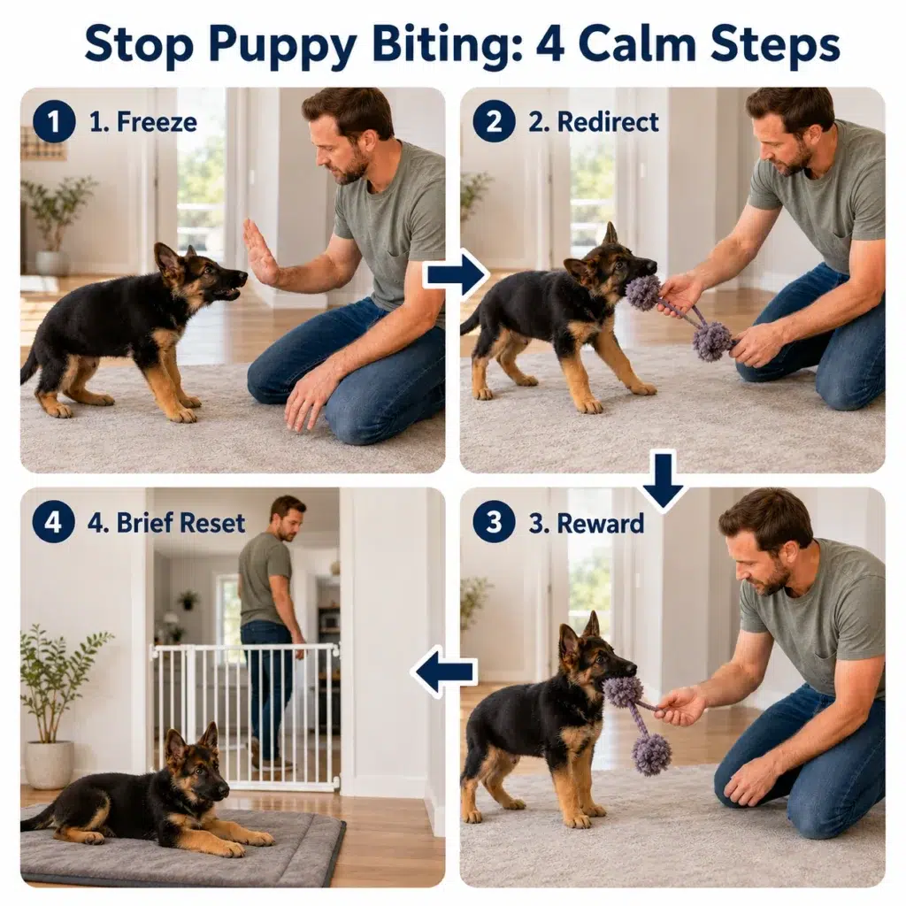 How to Stop a German Shepherd Puppy from Biting and Nipping Four calm steps for redirecting German Shepherd puppy biting: freeze, redirect, reward, and reset.