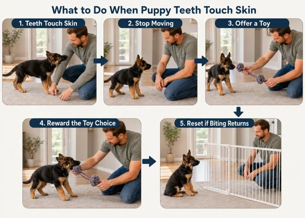 How to Stop a German Shepherd Puppy from Biting and Nipping Step-by-step German Shepherd puppy biting response using stillness, toy redirection, reward, and a calm reset.
