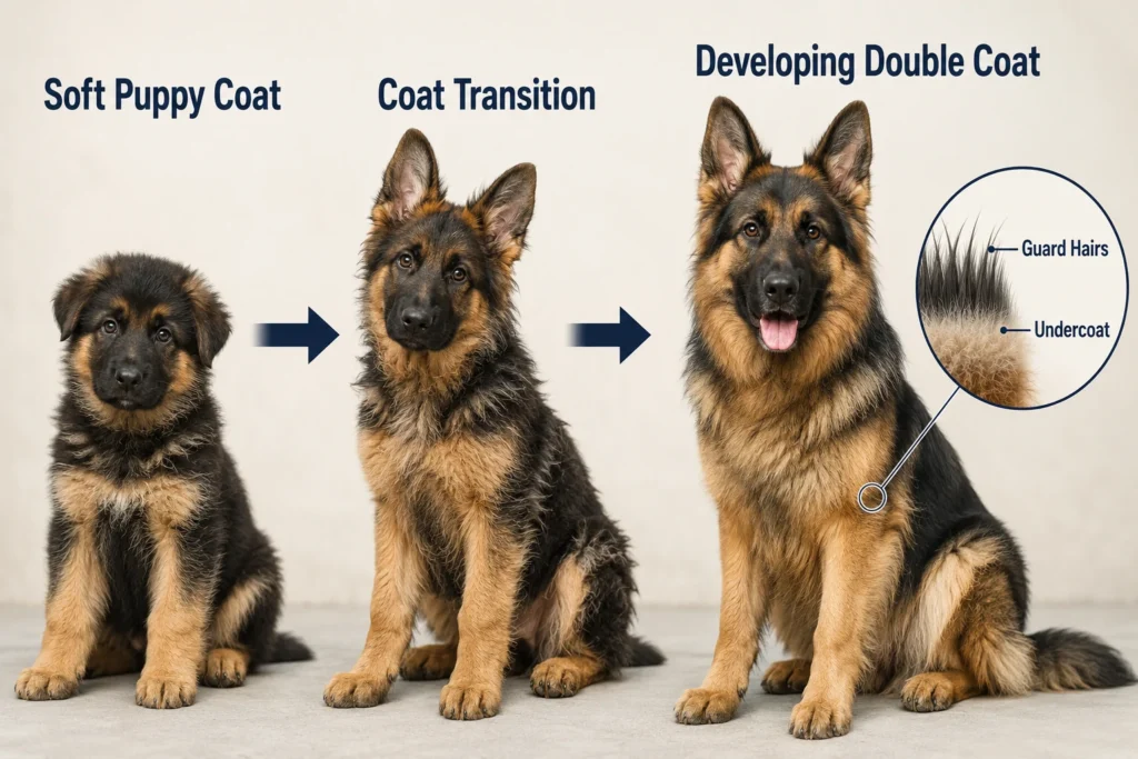 German Shepherd Puppy Grooming Guide: Bathing, Brushing, Nails, Ears, and Coat Care German Shepherd puppy grooming guide Shepherd puppy coat development diagram showing puppy coat and double coat