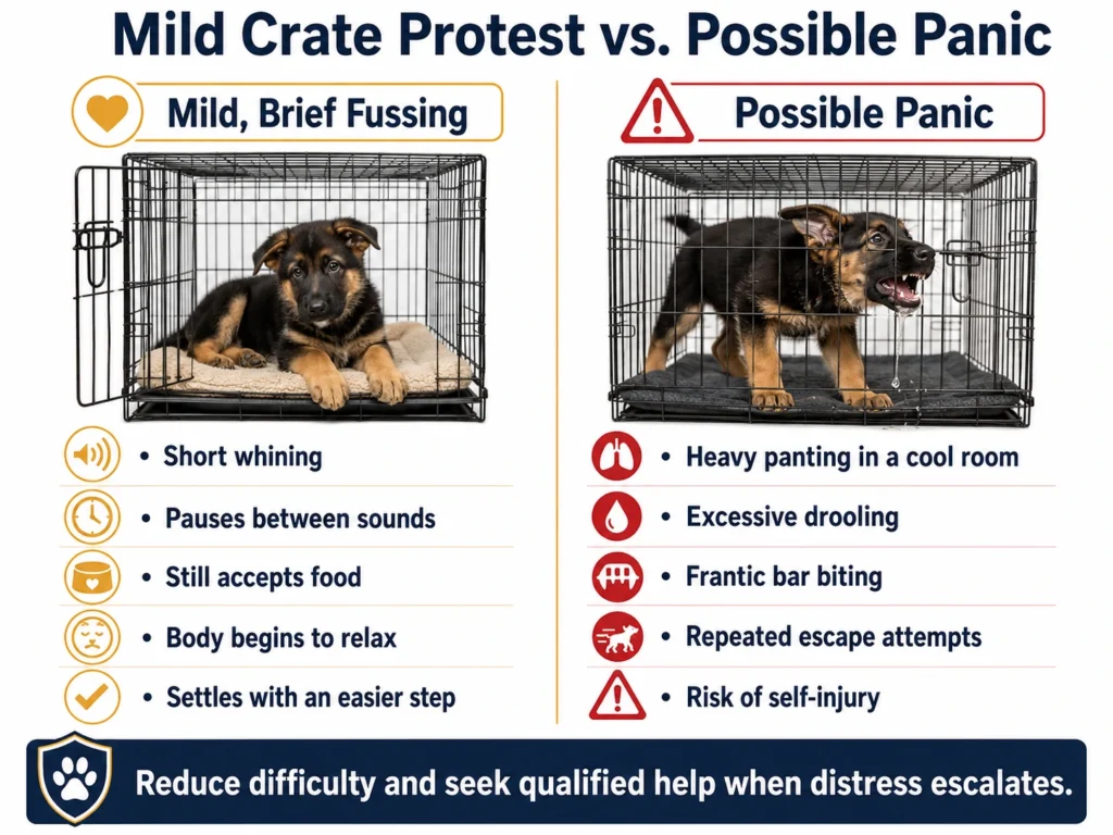 Infographic comparing mild crate fussing with possible panic signs in a German Shepherd puppy.