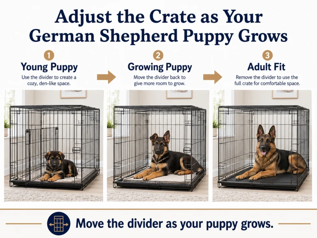 What Size Crate for German Shepherd? Puppy and Adult Sizing Guide German Shepherd puppy crate divider adjusted through three growth stages.