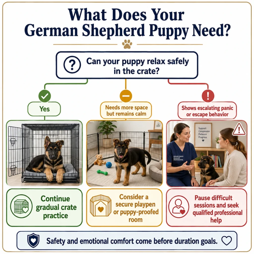 Decision guide for choosing gradual crate practice, a playpen, or professional help for a German Shepherd puppy.