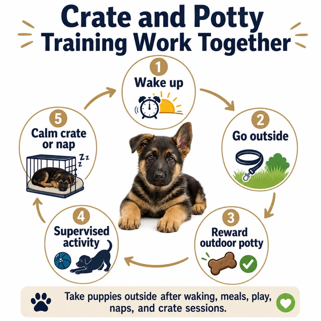 Crate and potty-training cycle for a German Shepherd puppy from waking to outdoor toilet breaks and naps.