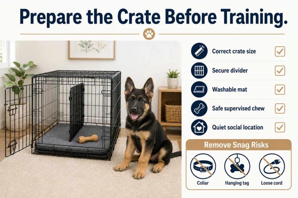 German Shepherd puppy crate setup checklist showing a divider, washable mat, safe chew, and calm location.